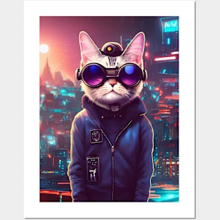 Cool Japanese Techno Cat In Japan Neon City Posters and Art